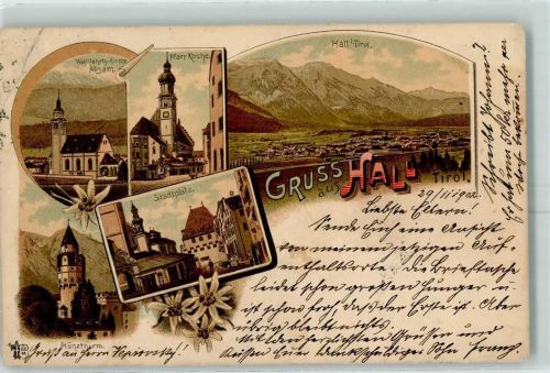 Hall 1902 Wallfahrtskirche Absam Pfarrkirche Stadtplatz Münzturm Lithographie