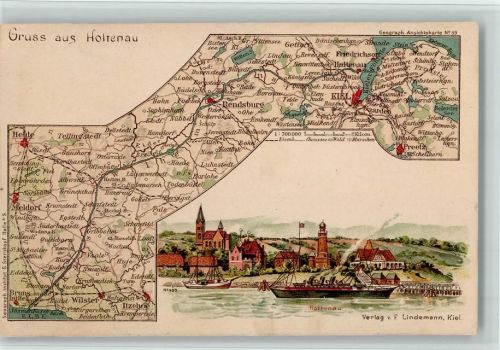 W2300 Holtenau Ortsansicht Dampfer Landkarte Landkarte Lithographie