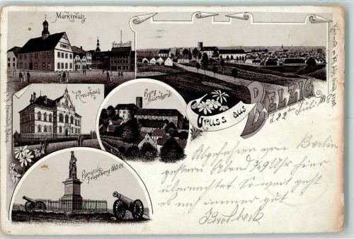Belzig 1898 Marktplatz Kreishaus Burg Eisenhardt Borussia-Hagelberg Denkmal Kanonen Lithographie