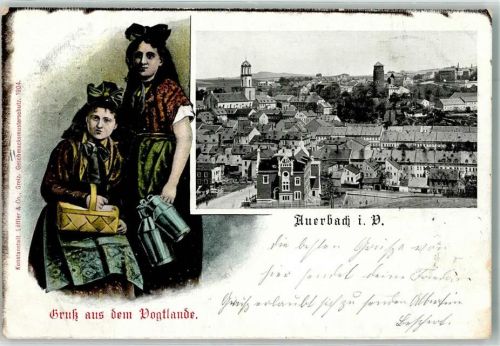 Auerbach 1905 Gruß aus dem Vogtlande Frauen Tracht Korb Krug Kirche Turm Villa