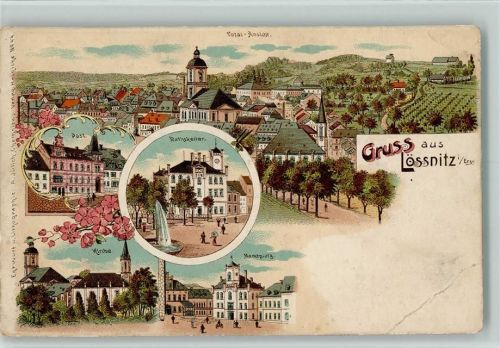 Lößnitz Gruss aus - Litho, Postamt, Rathskeller, Marktplatz, Eckknick AK