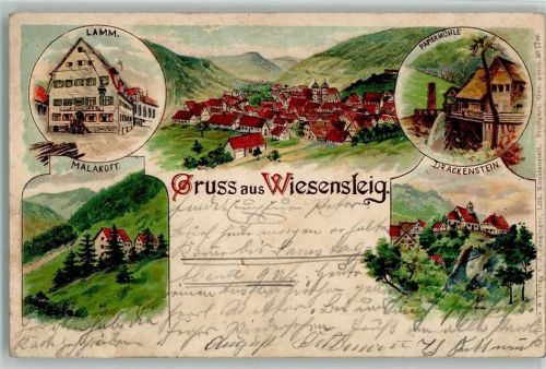 Wiesensteig 1905 Gruss aus - Litho , Restaurant zum Lamm, Papiermühle , Verlag Junginger Nr. 17 AK