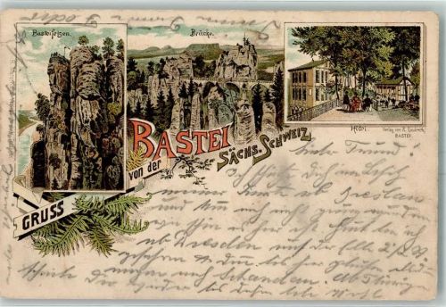 Bastei 1895 Druck 1890 - 1895 Gruss aus Lithographie , Hotel,