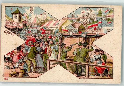 Lithographie Schützen Ballon Jahrmarkt 1900 Gebrauchsspuren