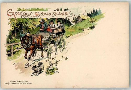 1899 Gruss aus sign. F. Gubitz Schwäbische Volkstrachten , Kutsche