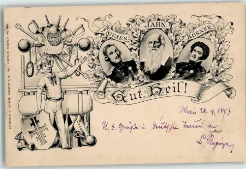 1897 Gut Heil Turngeräte Friesen, Jahn und Körner AK