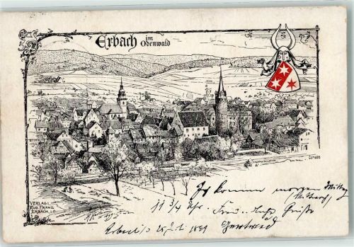 Erbach 1899 Kirche Turm Wappen Rot Sterne Hörner sign. Consee