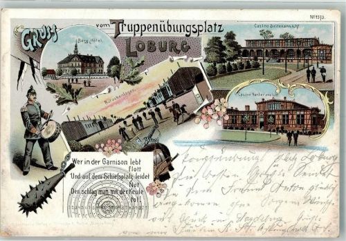 Loburg 1899 Truppenübungsplatz Berghotel Casino Barackenlager Soldat Pickelhaube Trommler Zielscheibe