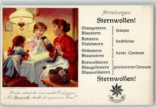 Bahrenfeld 1908 sign. Schneller, Fritz Mutter mit zwei Mädels strickt mit Sternwolle