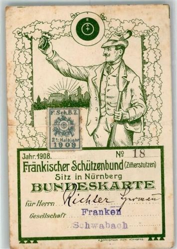 Schwabach 1908 Fränkischer Schützenbund Nr. 18 Sitz Nürnberg Bundeskarte Mittelbug