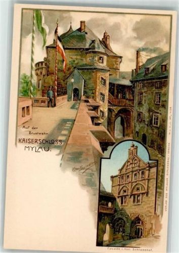 08499 O9803 Mylau Lithographie / Künstlerkarte Kaiserschloß Mylau sign. Erwin Spindler