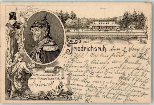 21521 W2055 Friedrichsruh b Hamburg 1898 Lithographie Vorläufer Bahnhof Putto Portrait Kaiser Wilhelm I.