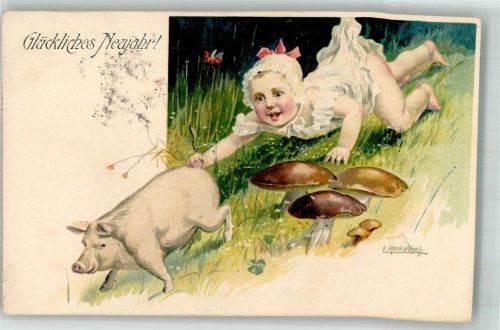 Serie 2636/6 Neujahr Schwein Pilze Kind sign. Aeckziegel