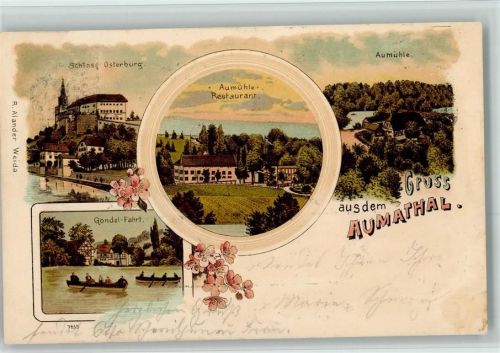 Weida 1901 Gruss aus - Aumühle Restaurant, Schloss Osterburg, Gondel-Fahrt AK