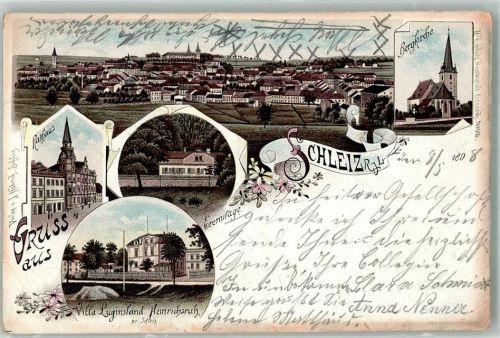 Schleiz 1898 Berg- Kirche Rathaus Villa Luginsland Heinrichruh Lithographie