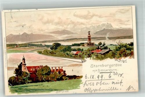 Bernried 1899 Adelskorrespondenz sign. Strützel, O. Denkmal Bismarckturm Kirche
