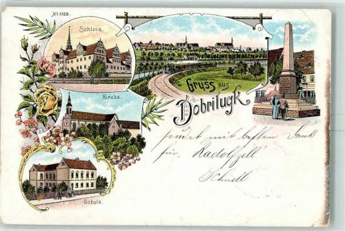 Dobrilugk 1897 Schloss Kirche Schule Denkmal Lithographie