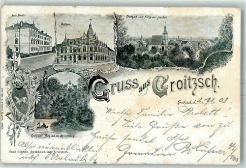 Groitzsch 1903 Neue Schule Rathaus Groitzscher Berg mit der Wiprechtsburg