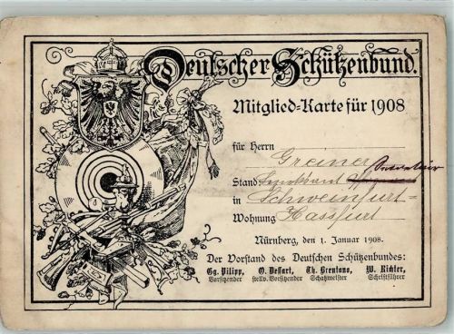 Haßfurt Deutscher Schützenbund Mitgliedskarte f. 1908 Ort handschriftlich