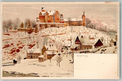 09328 O9293 Lunzenau Lithographie Künstlerkarte Rochsburg Winter sign. Rud. Hoffmann