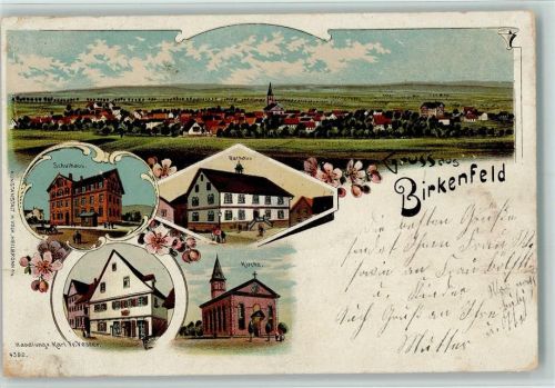 75217 W7534 Birkenfeld , Württ 1906 Gebrauchsspuren Gruss aus - Litho, Schule, Rathaus Kirche AK
