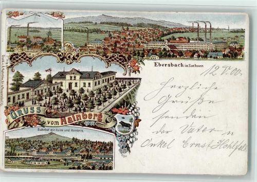 Ebersbach Gruss aus - Qualmende Schornsteine Fabriken, Bahnhof, Restaurant am Hainberg ,gute Erhaltung AK