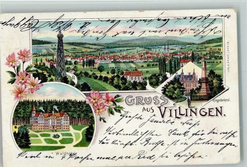 Villingen 1902 Gruss aus - Waldhotel, Kriegerdenkmal, Aussichtsturm AK