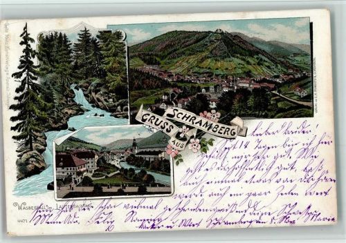 Schramberg 1899 Gruss aus - Wasserfall - Ortsansicht AK Kl. Eckknick, Gute Erhaltung