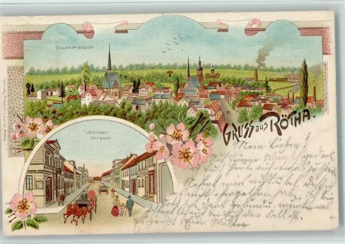 Rötha 1901 Gruss aus - Gesamt und Leipziger Strasse mit Kutschen , Verlag Leuner AK