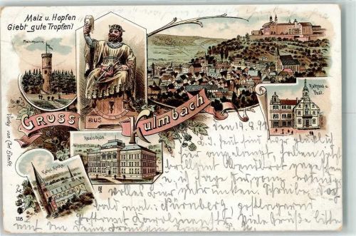 Kulmbach 1899 Rehturm Rathaus u. Post Kath. Kirche Realschule