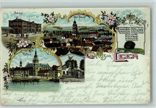 Leer 1901 Gruss aus - Bahnhof, Rathaus AK
