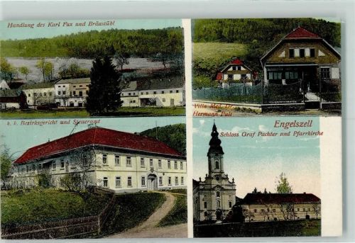 Engelszell Handlung des Karl Fux und Bräustübl Villa Med Dr. Hermann Pult k.k. Bezirksgericht und Steueramt Schloss Graf Pachter und Pfarrkirche