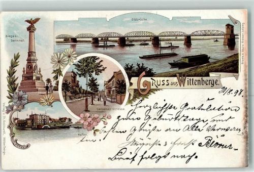 19322 O2900 Wittenberge , Prignitz 1898 Lithographie Sieges-Denkmal Elbbrücke Hafen Lenzener Straße
