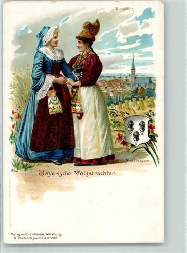 84130 W8312 Dingolfing Lithographie / Künstlerkarte Bayerische Volkstrachten Wappen Niederbayern Frauen sign A Sch