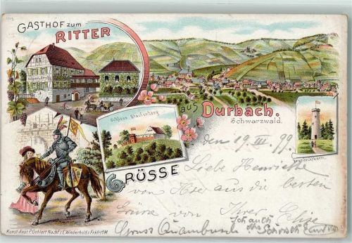 Durbach Gasthaus Zum Ritter Ritterrüstung Wappen Schloss Staufenberg Brandeckturm Lithographie