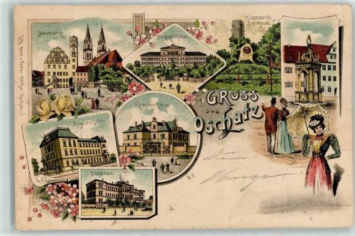 Oschatz 1904 Bismarck-Denkmal Realschule Krankenhaus Bürgerschule Bahnpost Leipzig- Zg 476