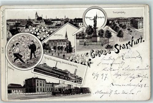 Staßfurt 1897 Gruss aus Rathaus Kriegerdenkmal Salzbergwerk Bahnhof AK