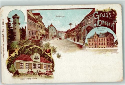 Ohrdruf 1915 Marktstraße Trinitatus Schule Scheerershütte Aussichtsturm Stmpel Kommandantur des Gefangenen-Lagers des Truppen-Übungsplatzes