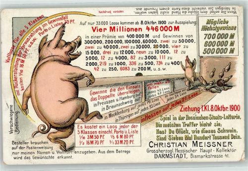 Darmstadt 1900 Hessische Staatslotterie Schwein vermenschlicht Kegeln AK