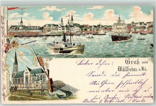 50667 W5000 Köln Mülheim 901 1899 Lithographie Neue kath. Kirche Rhein Segelfrachtschiff Raddampfer