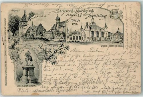 Leipzig Sächsisch-Thüringische Industrie- und Gewerbe-Ausstellung 1897 Wappen Haupthalle Reiterstandbild König Albert v. Sachsen sign Ernst Kiesling