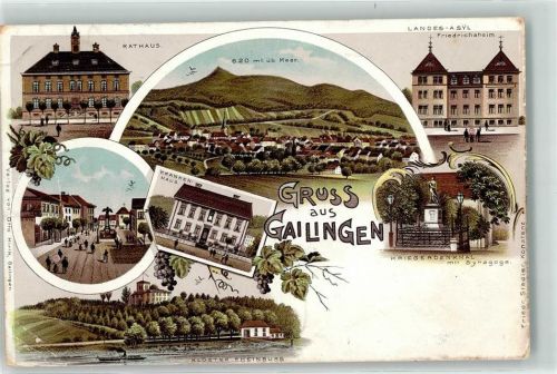 Gailingen 1906 Rathaus Friedrichsheim Krankenhaus Kriegerdenkmal Kloster Rheinburg mit Synagoge Lithographie