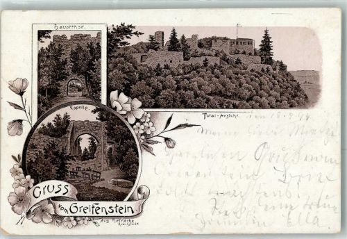 Greifenstein 1894 Bahnpost Blankenbg. Schwarza Zug 49 18.9.94 Haupttor Greifenstein Kapelle sign. Aug. Heinecke