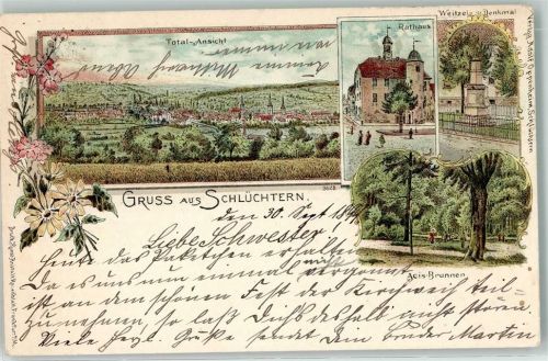 Schlüchtern 1899 Rathaus Weitzel-Denkmal Acis-Brunnen
