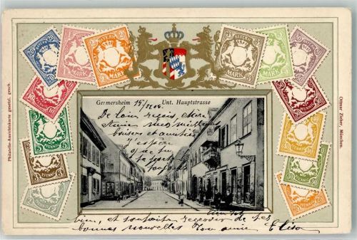 Germersheim 1903 Briefmarkencollage Untere Hauptstraße Wappen