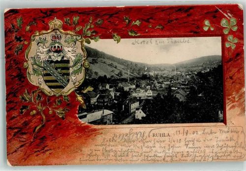 99842 O5906 Ruhla Prägedruck Wappen Hotel zur Traube handschriftl. vermerkt