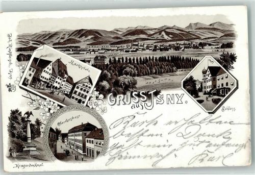 Isny 1899 Obertorstraße Marktplatz Kriegerdenkmal Schloß Litho