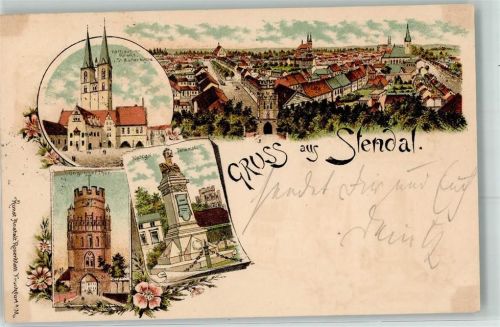 39576 O3500 Stendal 1897 Lithographie Rathaus St. Marienkirche Nachtigal Denkmal Uenglinger Tor Gruss Blumen