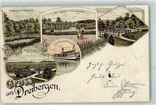 Dreibergen 1900 Kegelbahn Neue Logirhalle Gasthaus H. W. Feldhus Badehaus Feldhus Dampfer