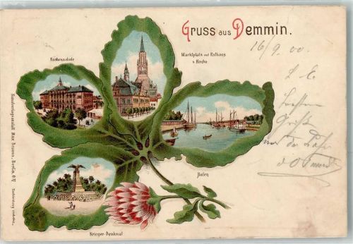 Demmin 1900 Knabenschule Hafen Kriegerdenkmal Marktplatz m. Rathaus u. Kirche